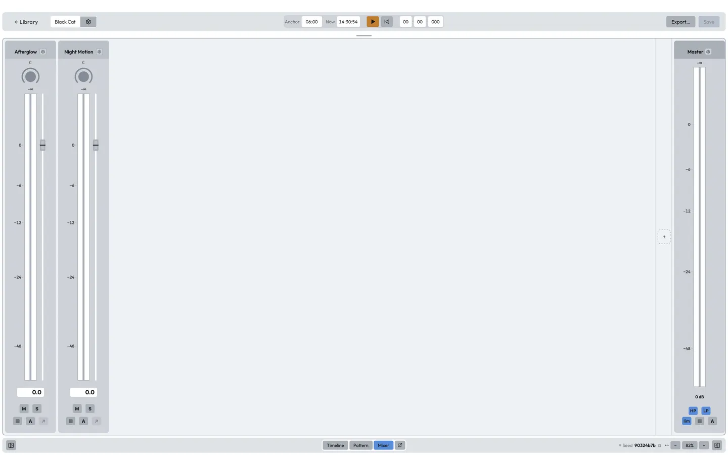 The composition mixer: one channel per movement, send buses and the master