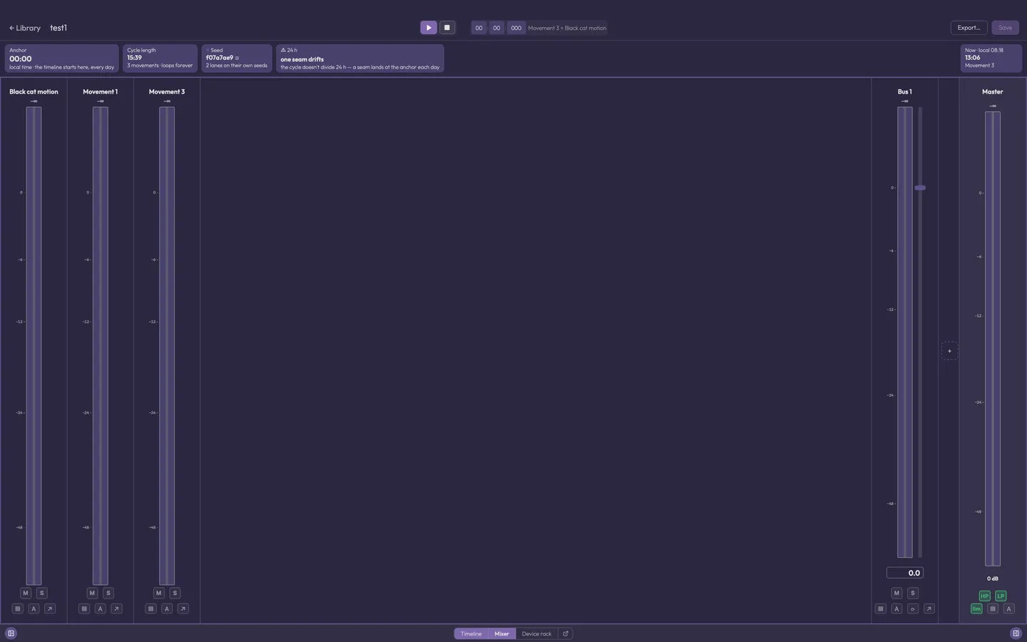 The composition mixer: one channel per movement, send buses and the master