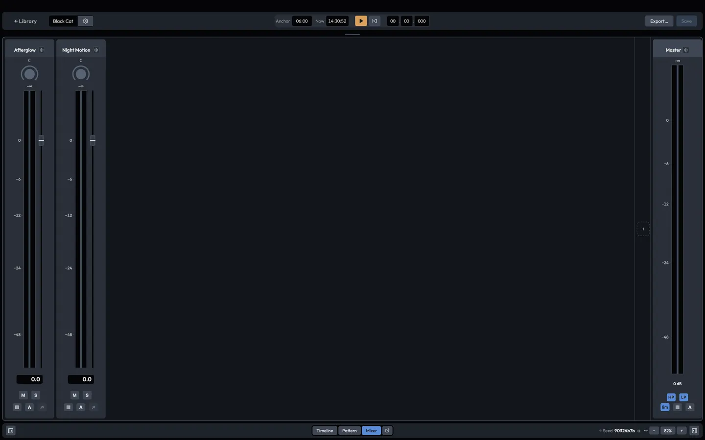 The composition mixer: one channel per movement, send buses and the master