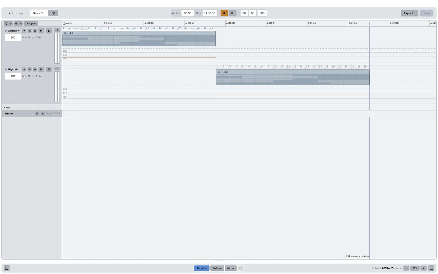 The composition editor: movement blocks on a timeline with crossfade seams