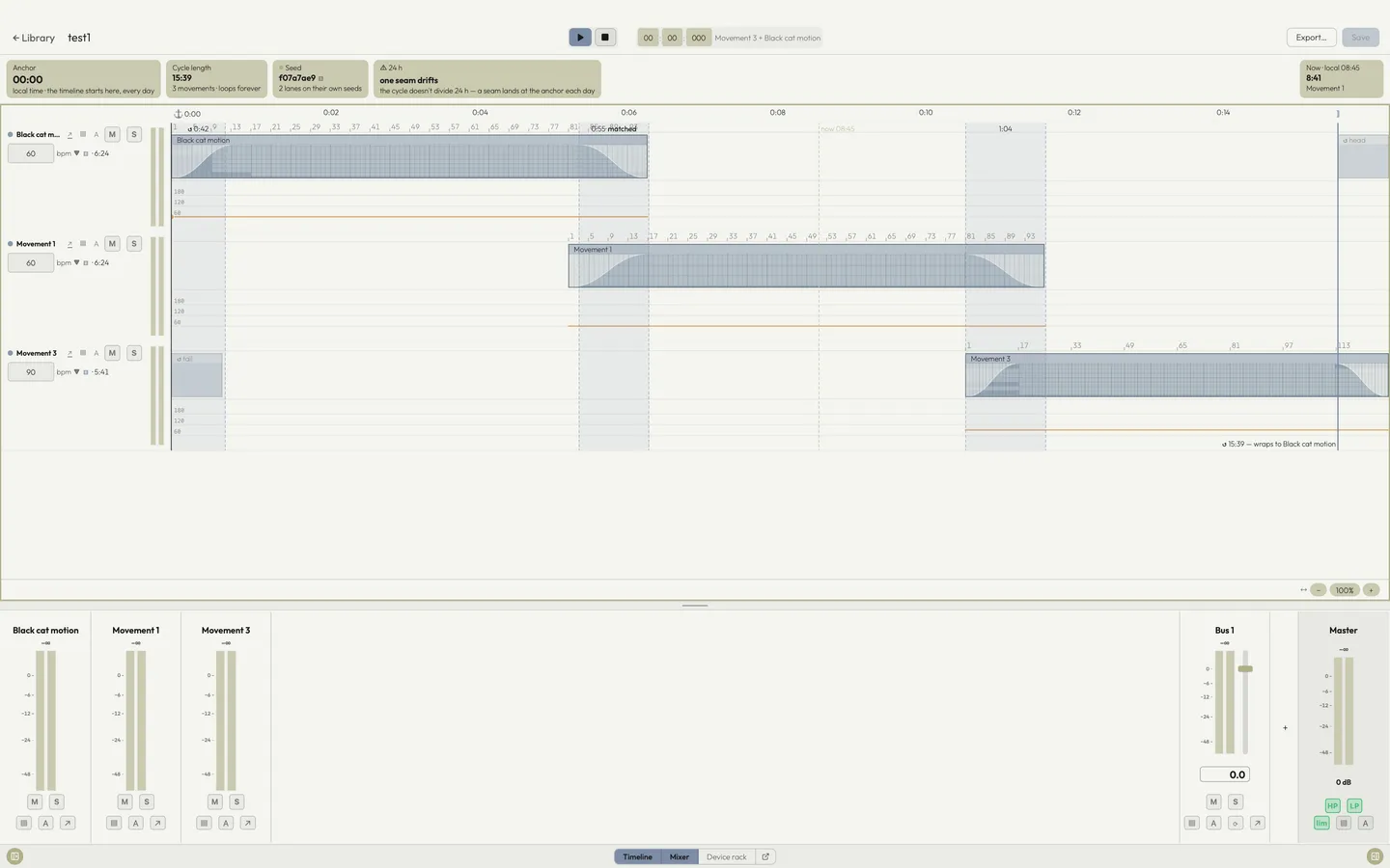 The composition editor: movement blocks on a timeline with crossfade seams