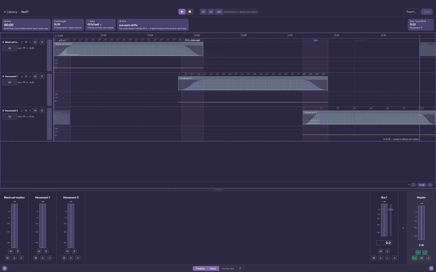 The composition editor: movement blocks on a timeline with crossfade seams