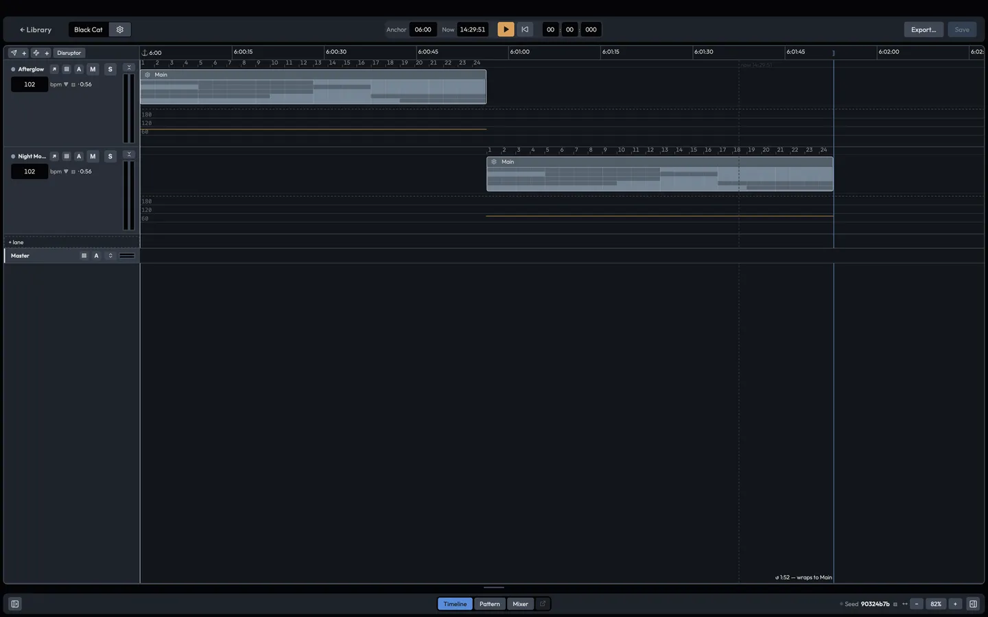 The composition editor: movement blocks on a timeline with crossfade seams