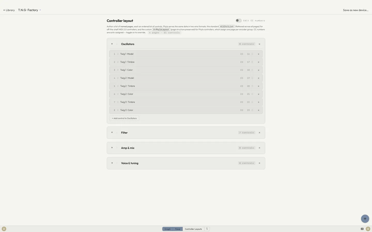 A controller layout page in the device editor