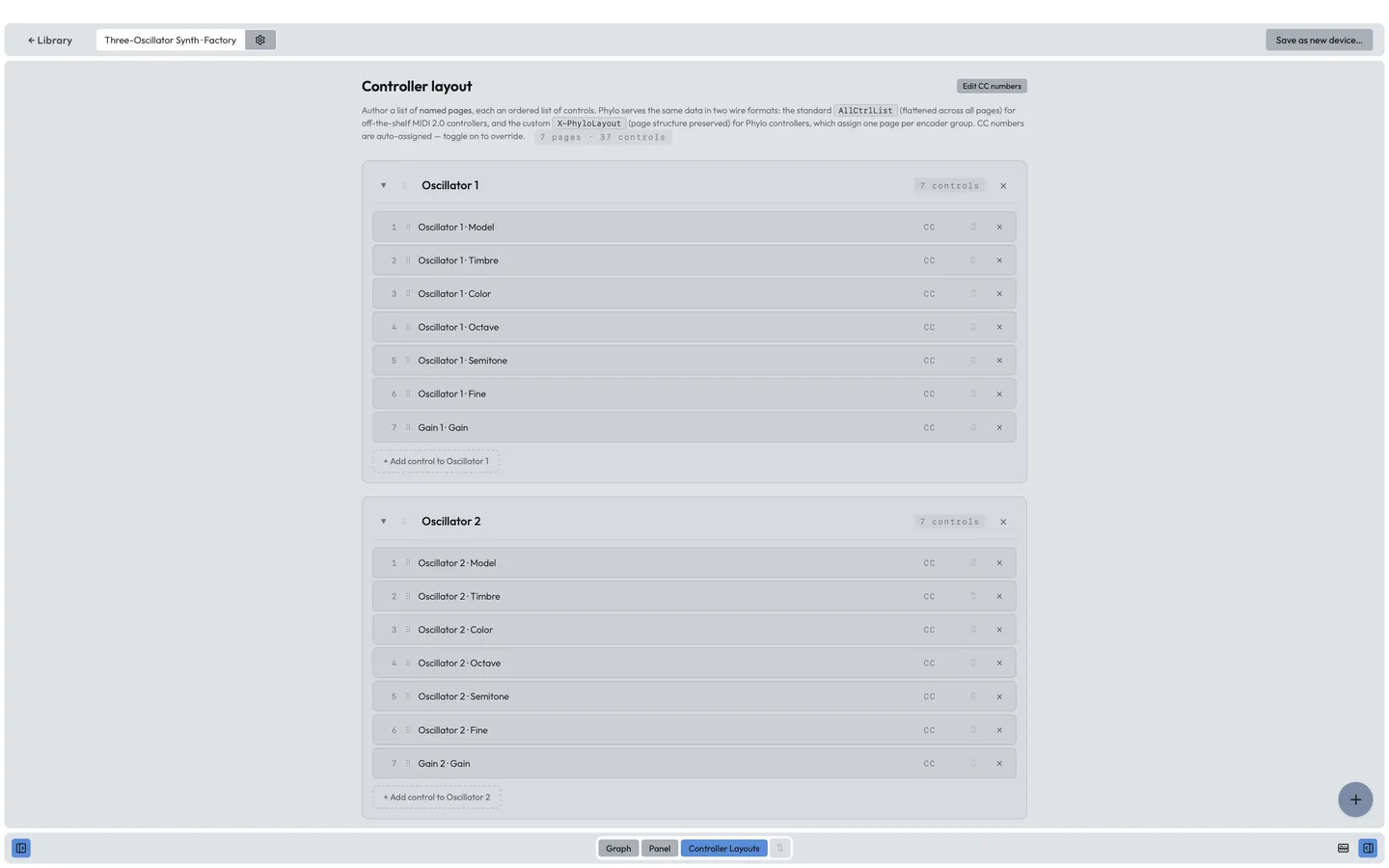 A controller layout page in the device editor