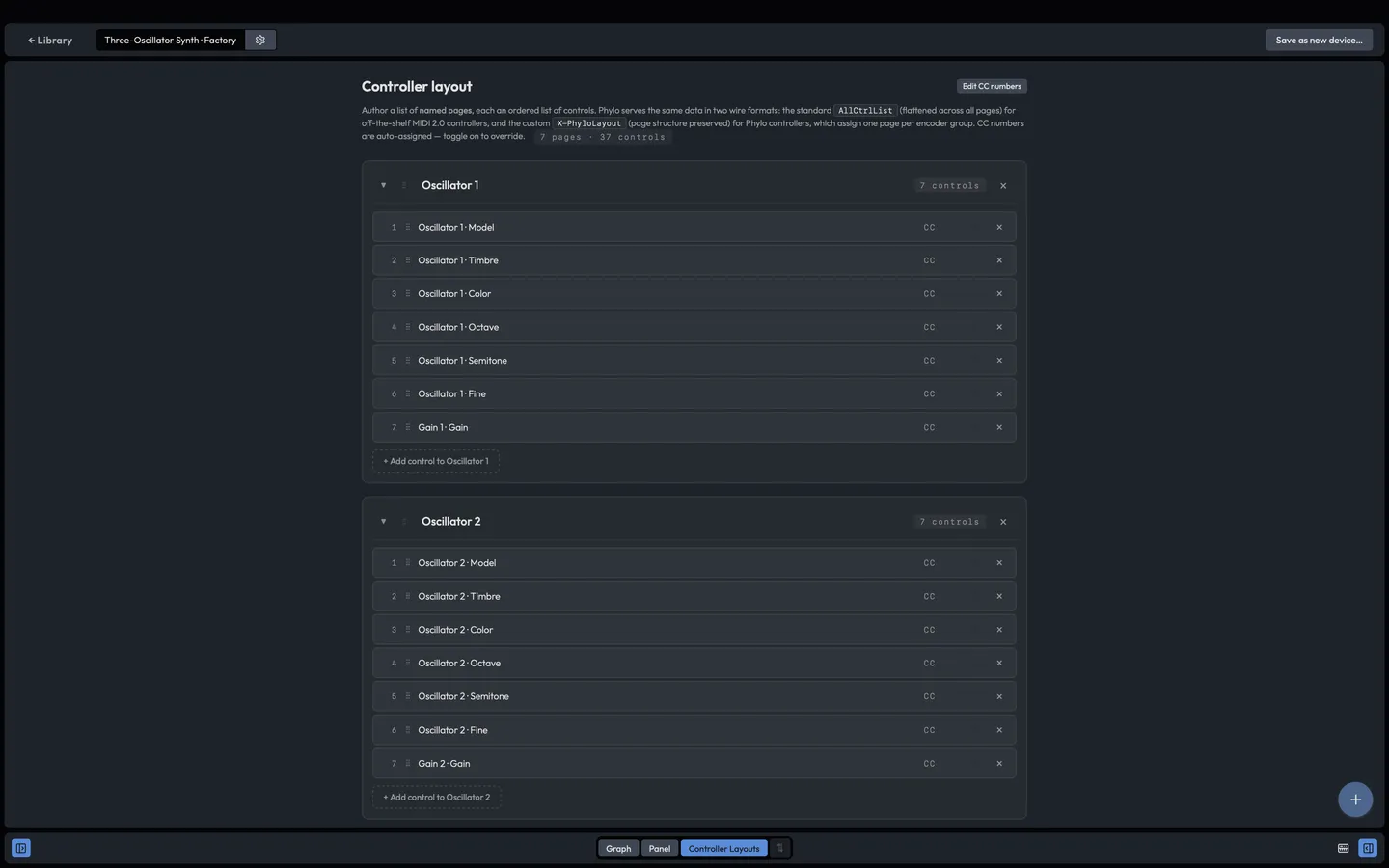 A controller layout page in the device editor