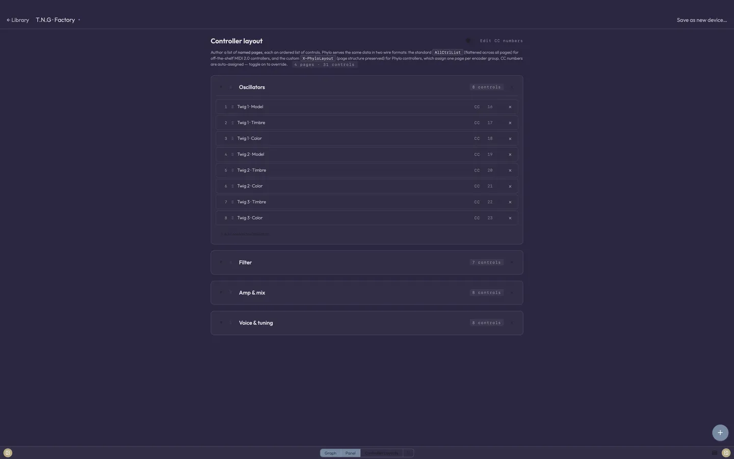A controller layout page in the device editor