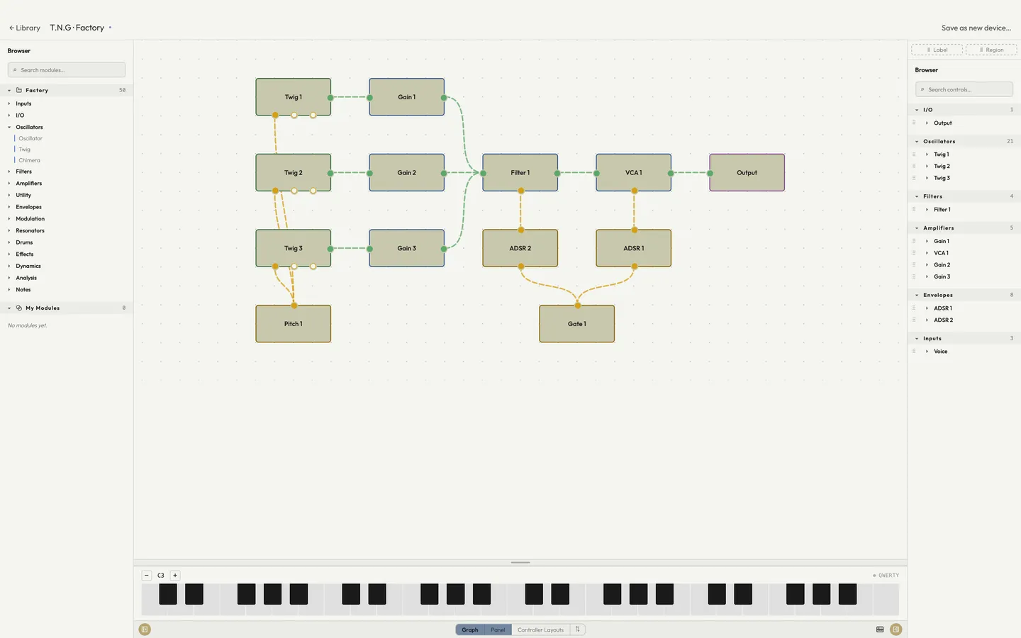The device editor's graph: module nodes wired together with audio and control cables