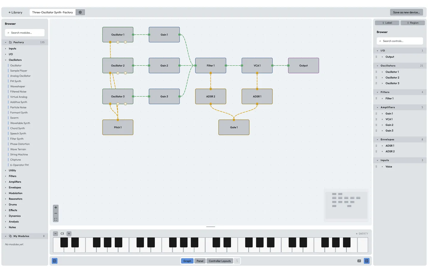 The device editor's graph: module nodes wired together with audio and control cables