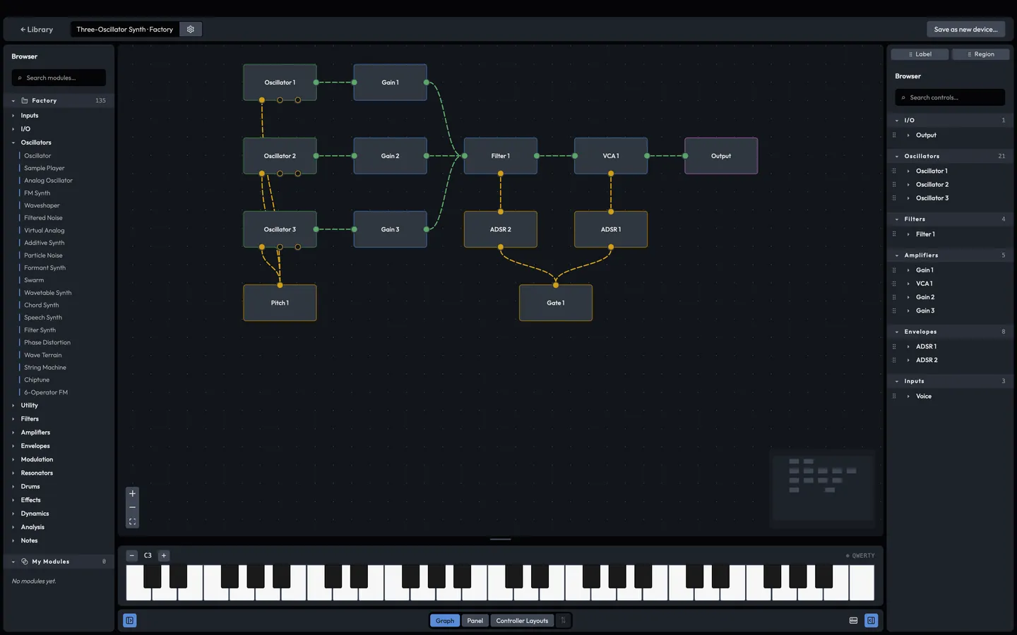 The device editor's graph: module nodes wired together with audio and control cables