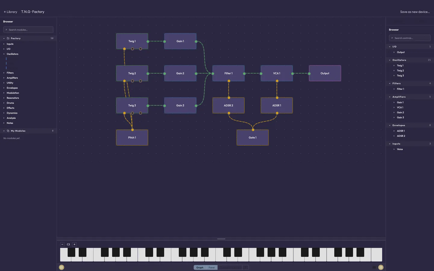 The device editor's graph: module nodes wired together with audio and control cables