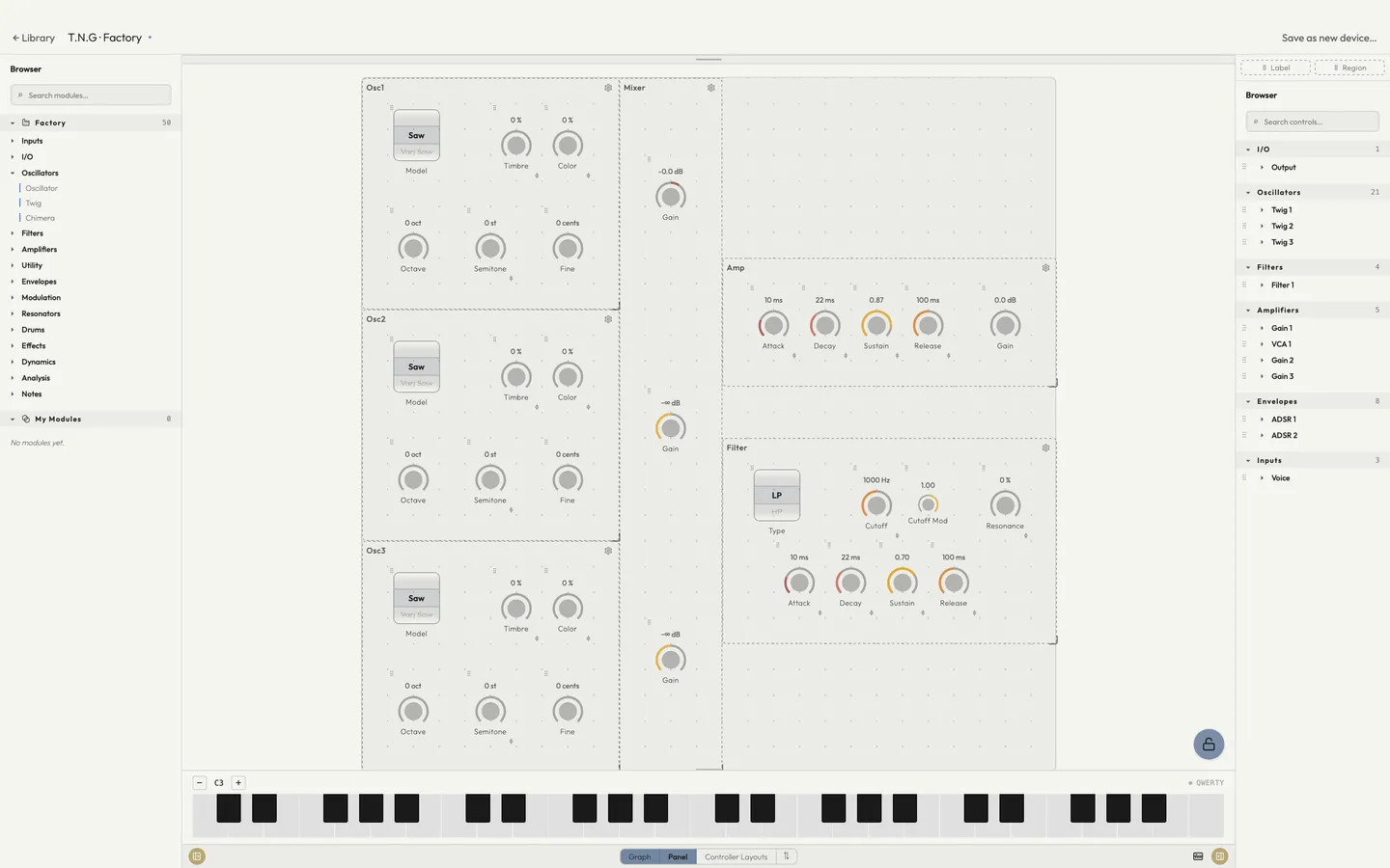 The device editor's panel: knobs, toggles and menus laid out in named regions