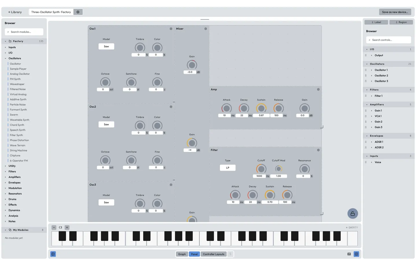 The device editor's panel: knobs, toggles and menus laid out in named regions