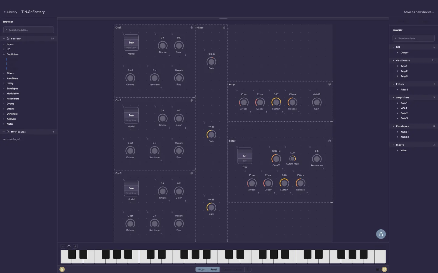 The device editor's panel: knobs, toggles and menus laid out in named regions