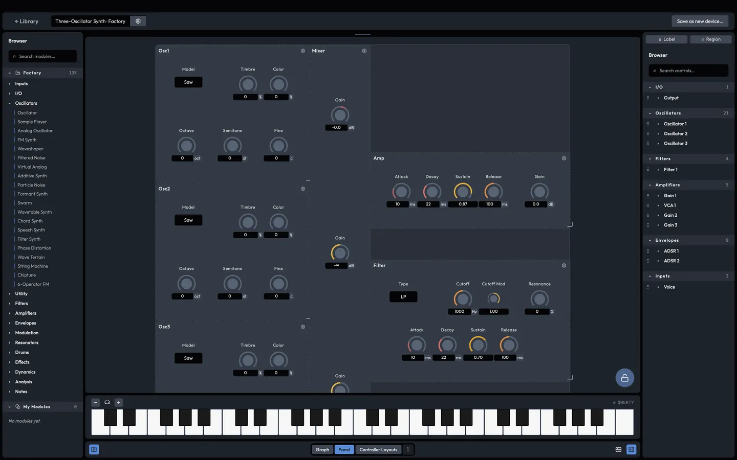 The device editor's panel: knobs, toggles and menus laid out in named regions
