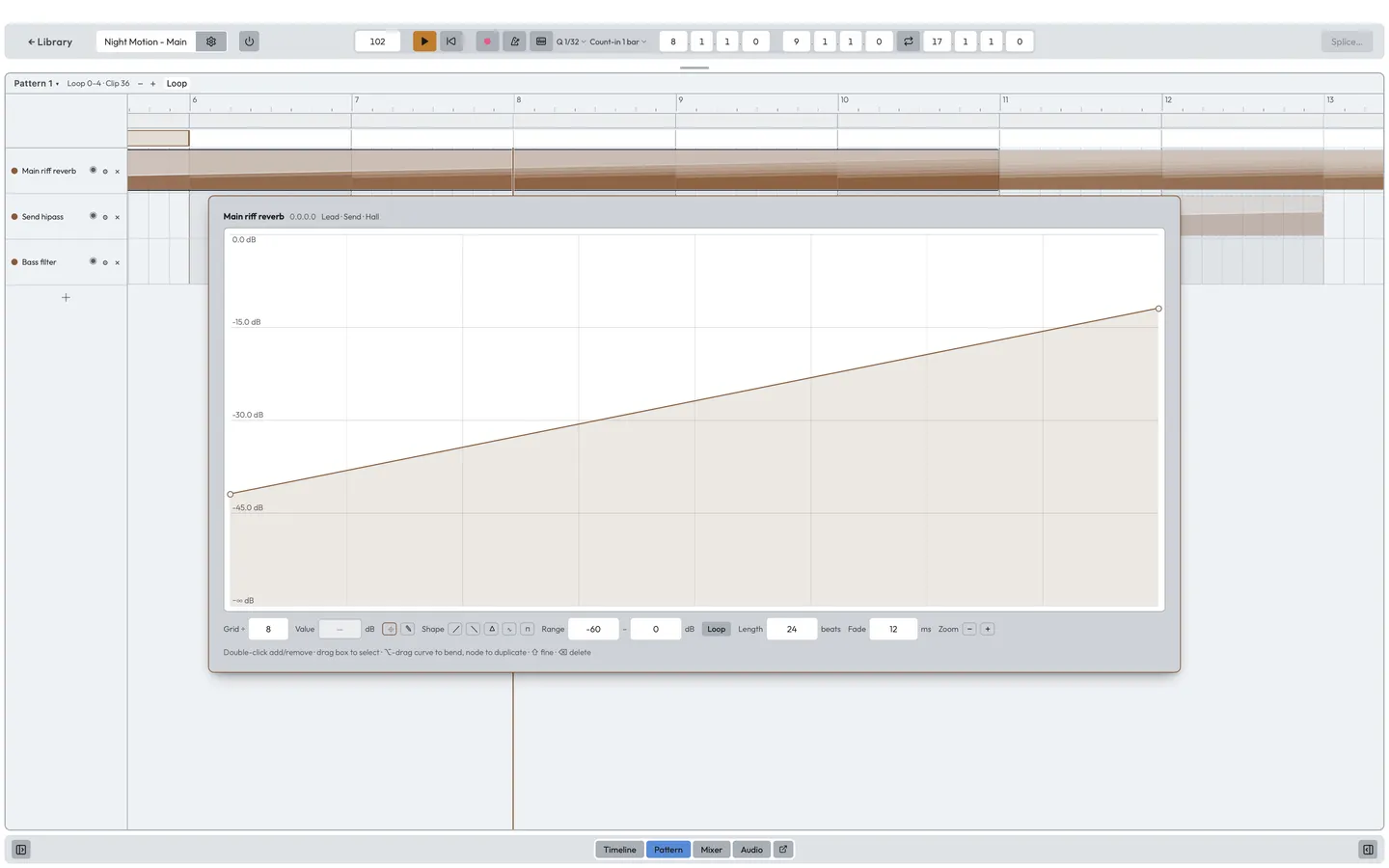 A trigger's graph popover open over the Disruptor pattern: the curve the control follows for the trigger's span