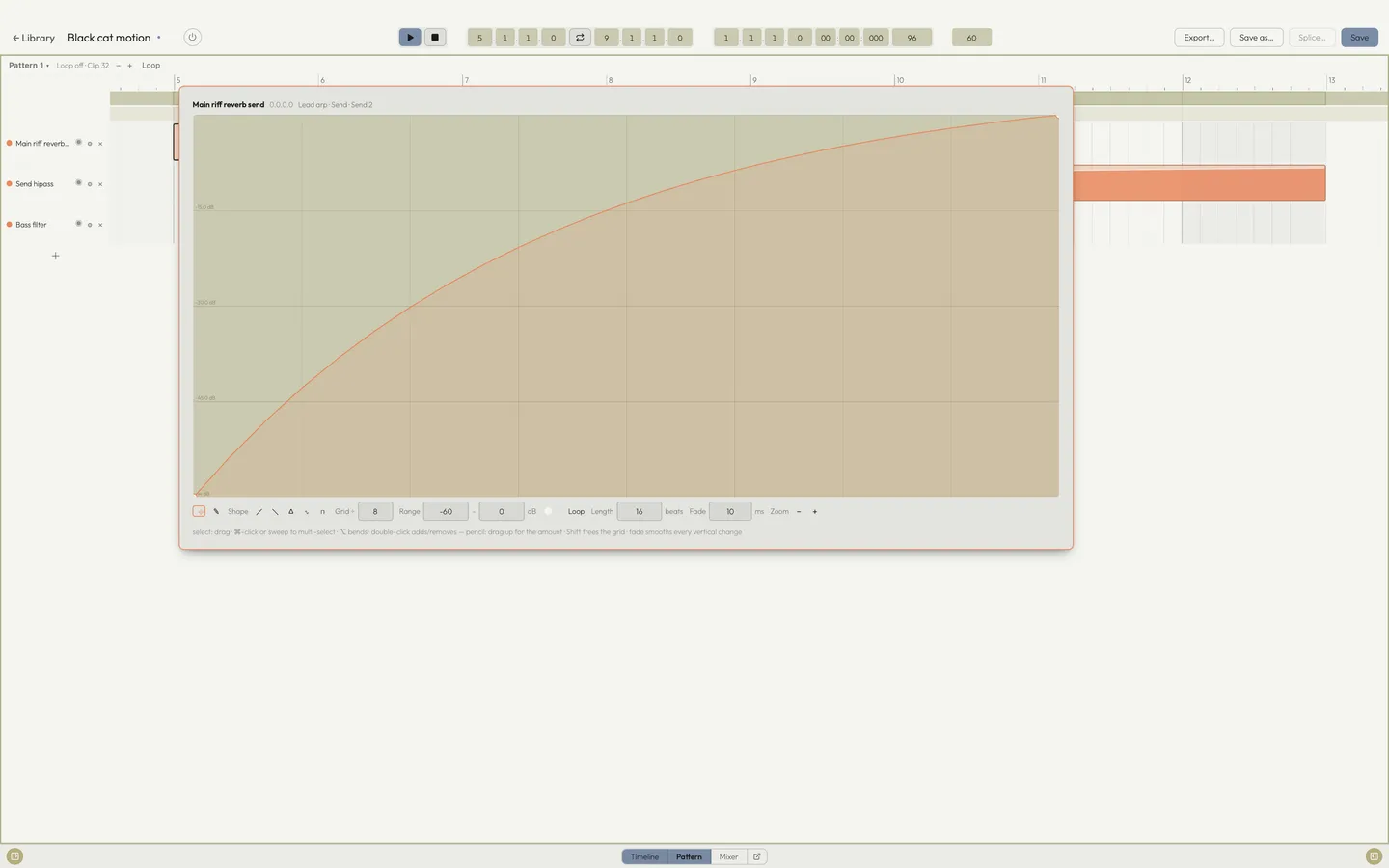 A trigger's graph popover open over the Disruptor pattern: the curve the control follows for the trigger's span
