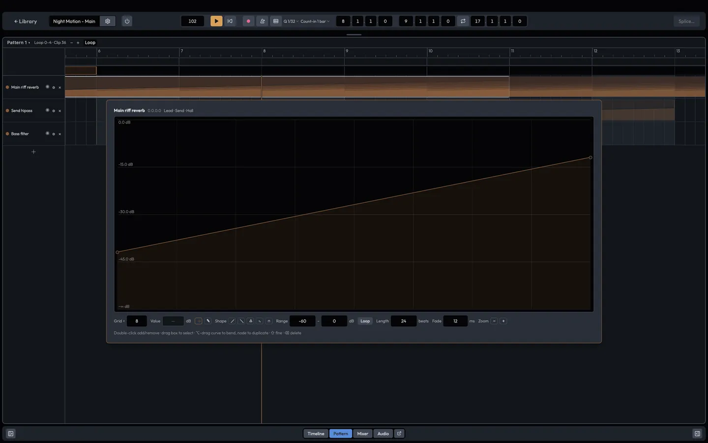 A trigger's graph popover open over the Disruptor pattern: the curve the control follows for the trigger's span