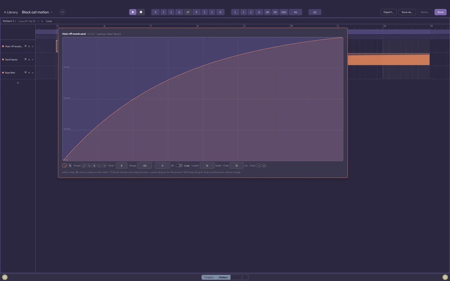 A trigger's graph popover open over the Disruptor pattern: the curve the control follows for the trigger's span