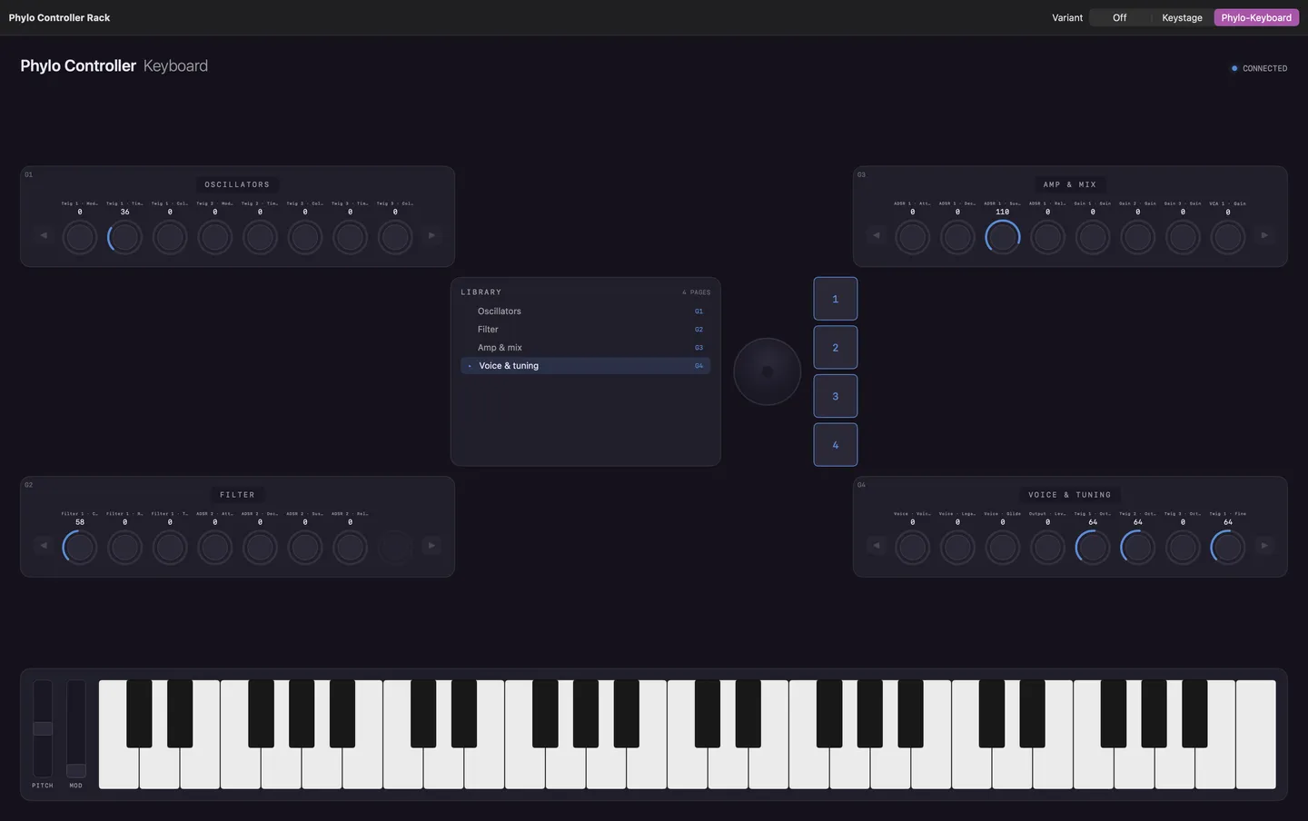 The virtual controller rack showing a device's controller layout as knobs and readouts