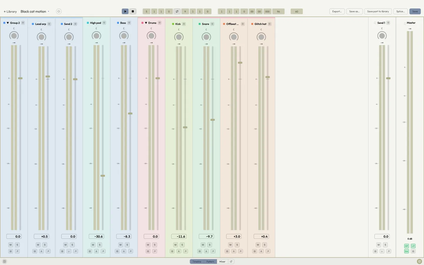 The movement mixer: lane strips, send bus strips and the master