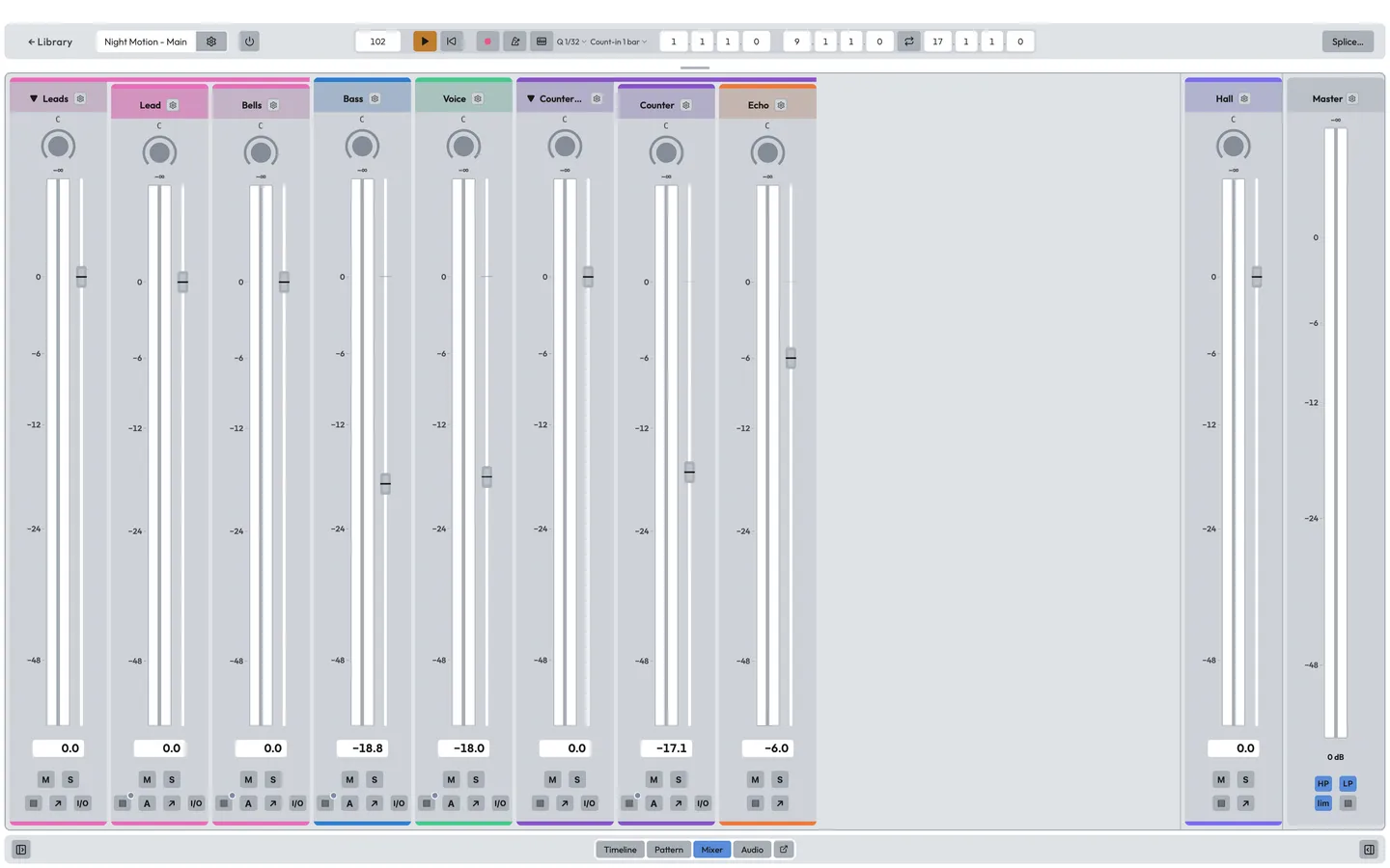 The movement mixer: lane strips, send bus strips and the master