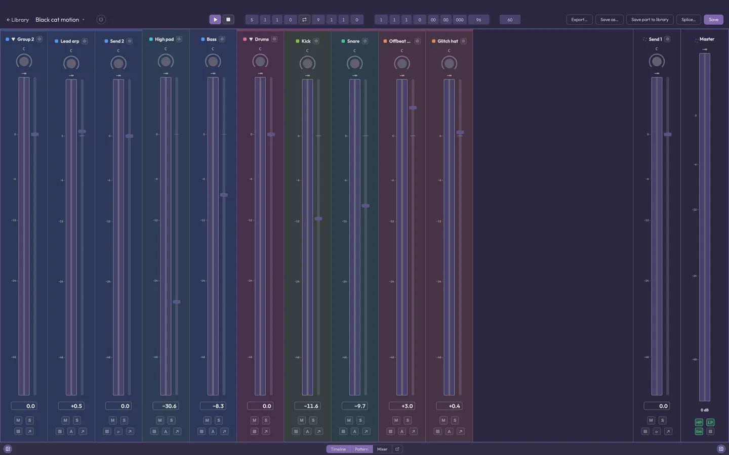 The movement mixer: lane strips, send bus strips and the master