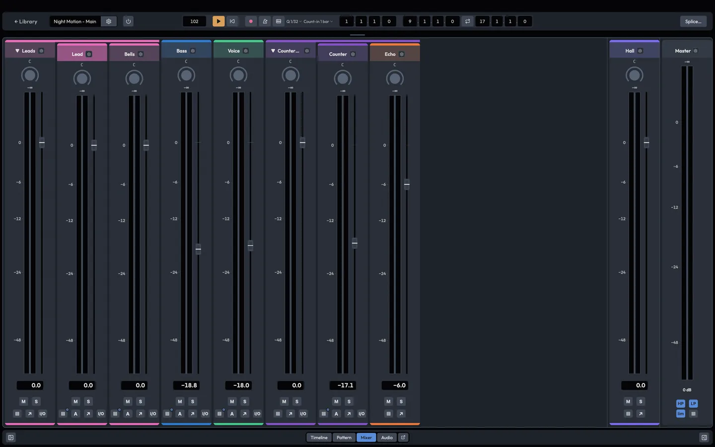 The movement mixer: lane strips, send bus strips and the master