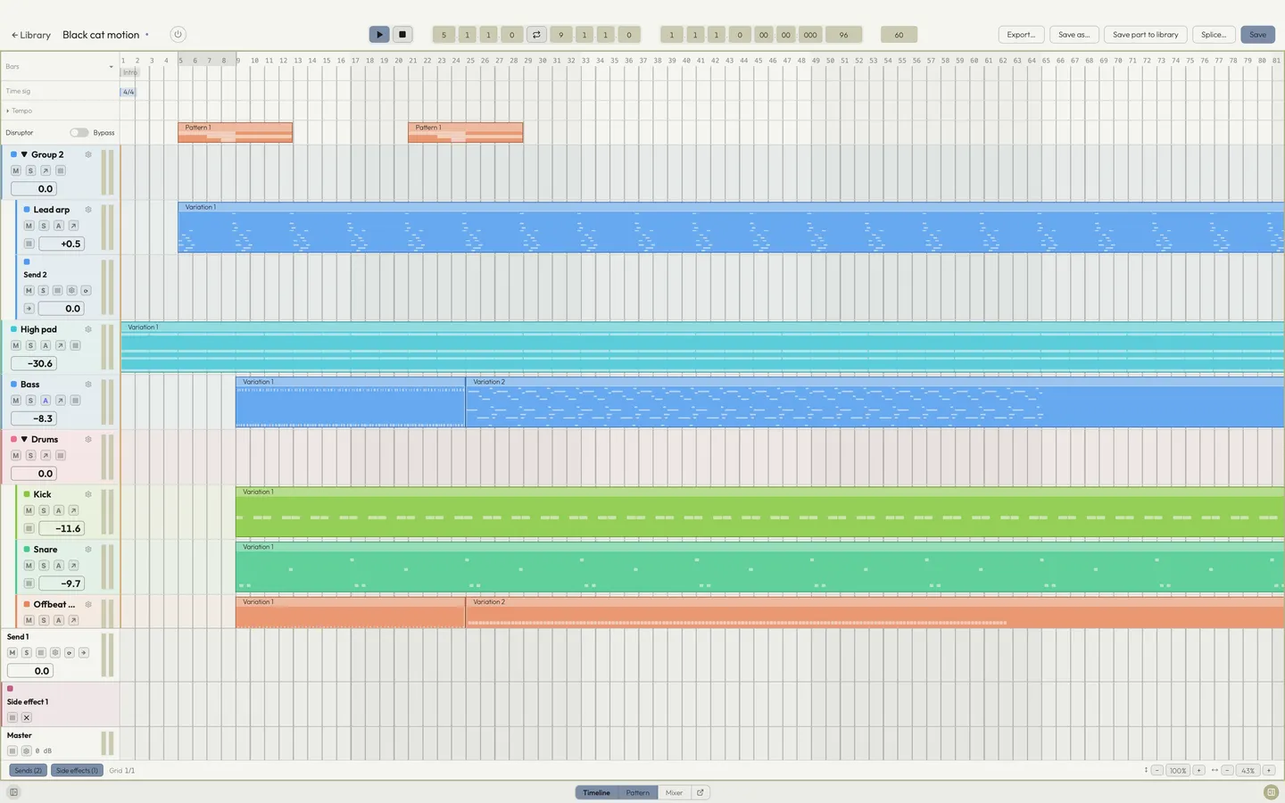 The movement workspace: lanes with clips on a timeline, a group lane, and the rulers above