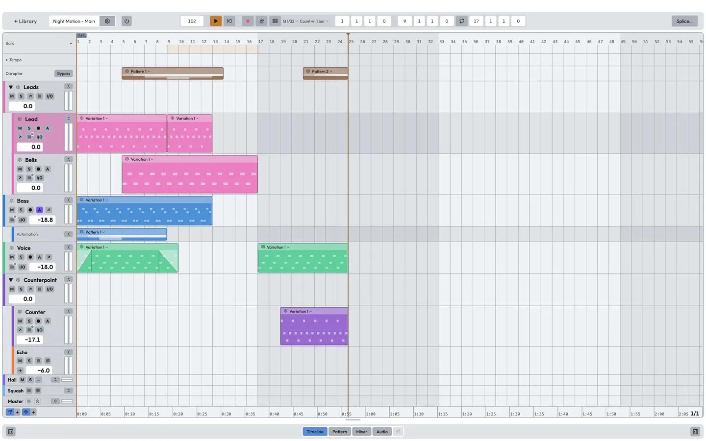 The movement workspace: lanes with clips on a timeline, a group lane, and the rulers above