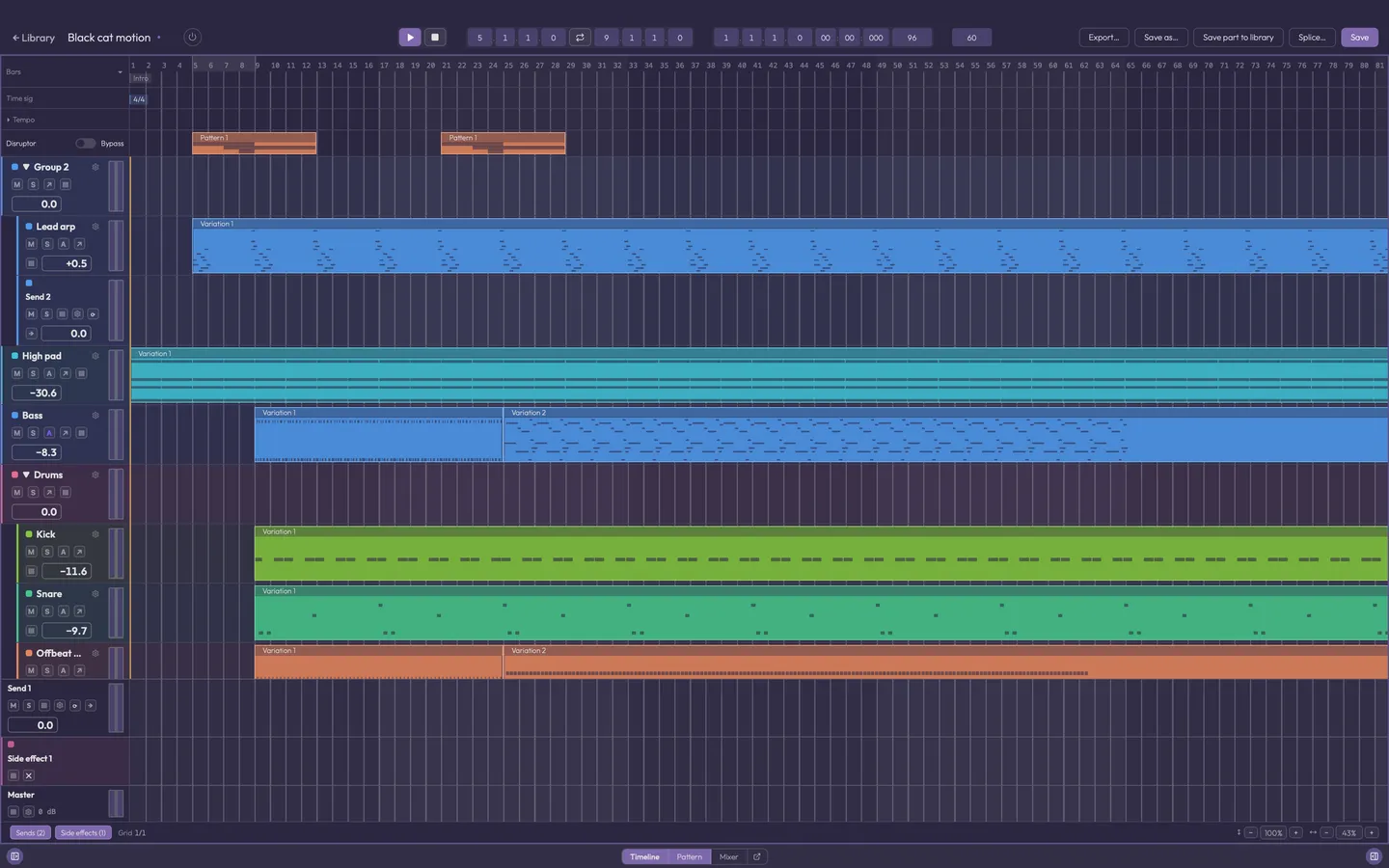 The movement workspace: lanes with clips on a timeline, a group lane, and the rulers above