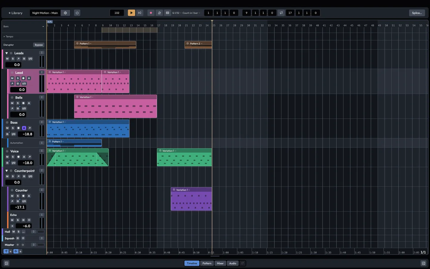 The movement workspace: lanes with clips on a timeline, a group lane, and the rulers above