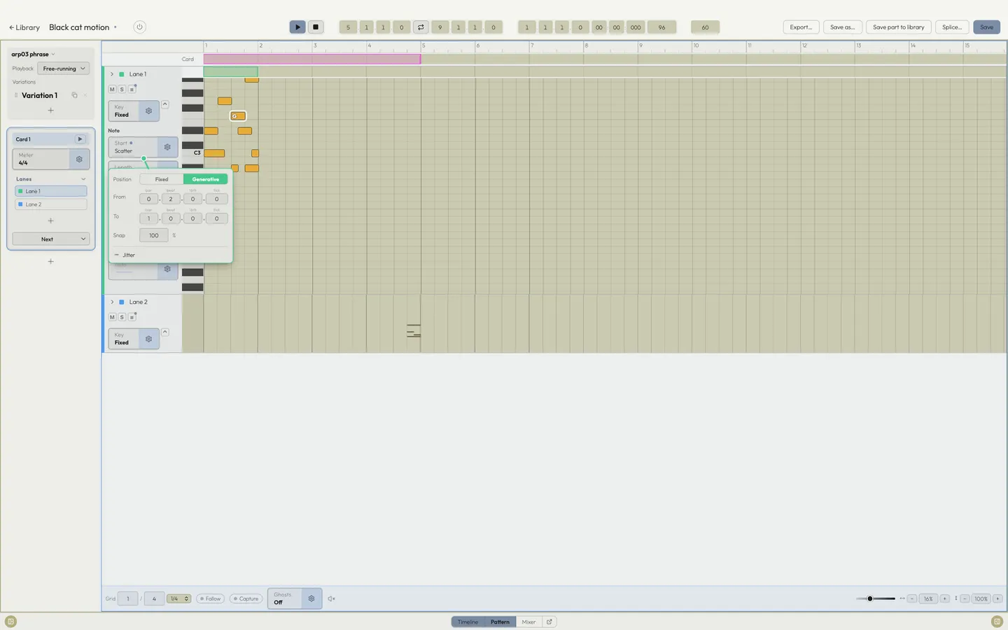 A selected note's Start chip opened, switched to Generative: a from-to range in bars, beats, sixteenths and ticks, a snap grid and jitter