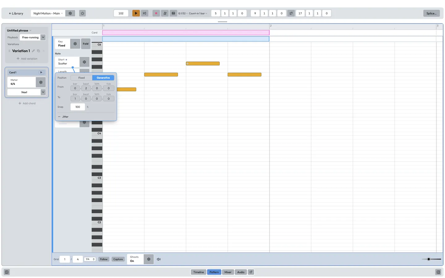 A selected note's Start chip opened, switched to Generative: a from-to range in bars, beats, sixteenths and ticks, a snap grid and jitter