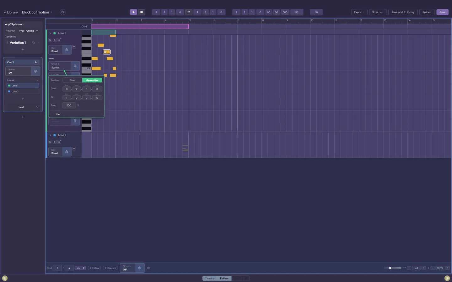 A selected note's Start chip opened, switched to Generative: a from-to range in bars, beats, sixteenths and ticks, a snap grid and jitter