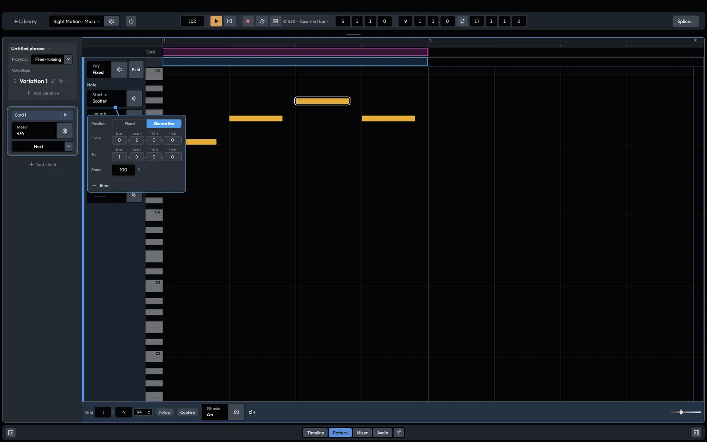 A selected note's Start chip opened, switched to Generative: a from-to range in bars, beats, sixteenths and ticks, a snap grid and jitter
