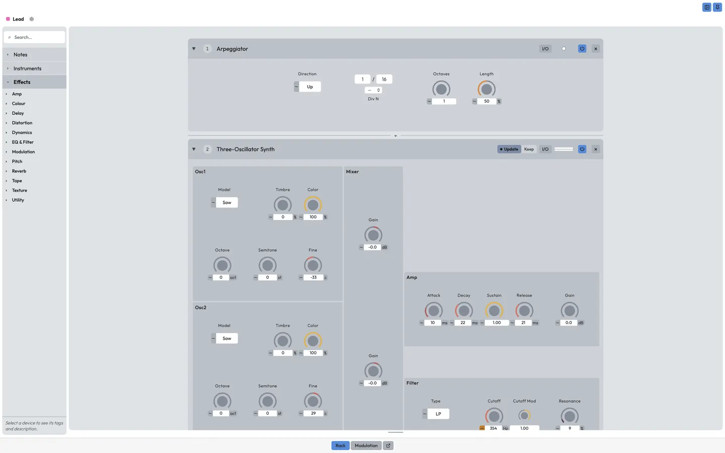 A track's rack in its own window: an Arpeggiator first, then the synth