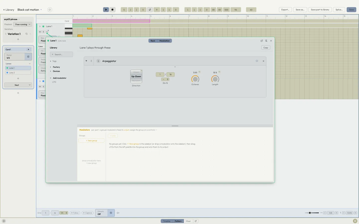 The note rack popover: a chain of note devices with the device browser beside it
