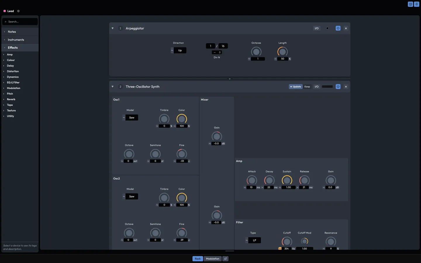 A track's rack in its own window: an Arpeggiator first, then the synth