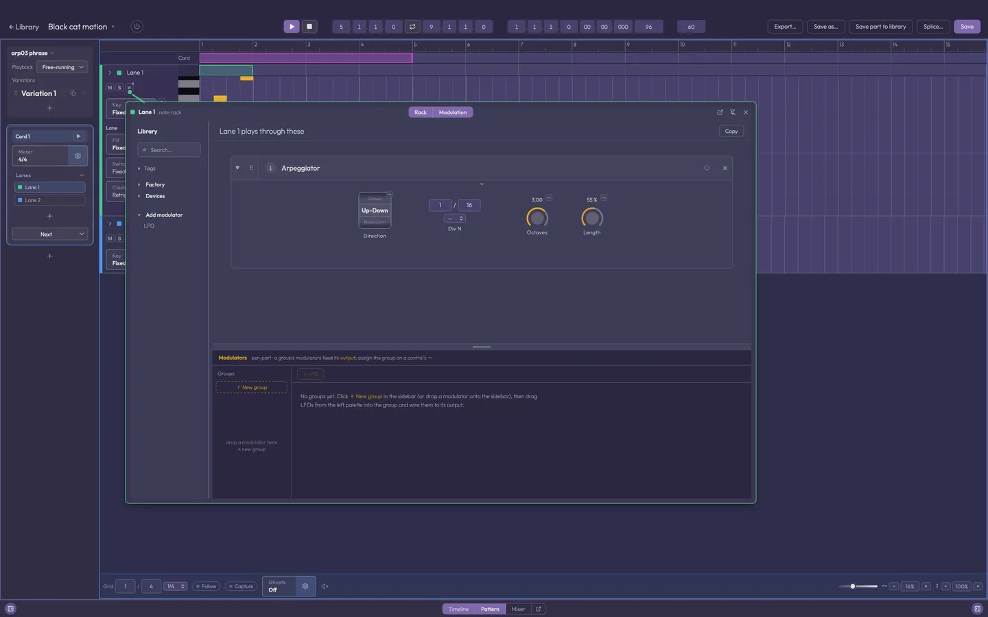 The note rack popover: a chain of note devices with the device browser beside it