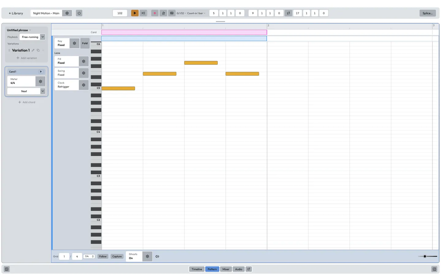 The Pattern editor: a piano roll, the harmony sequence above it, and a note's generative fields in the side column