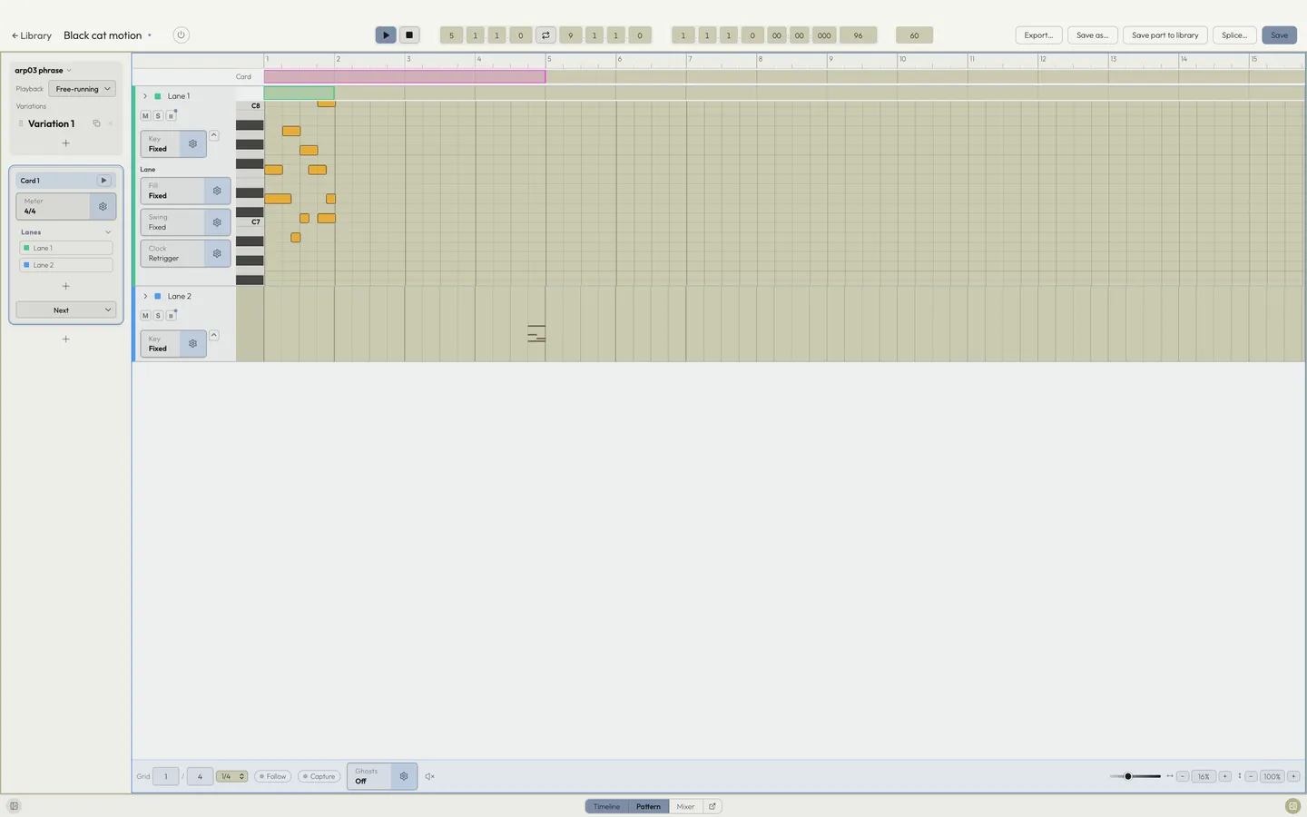 The Pattern editor: a piano roll, the harmony sequence above it, and a note's generative fields in the side column