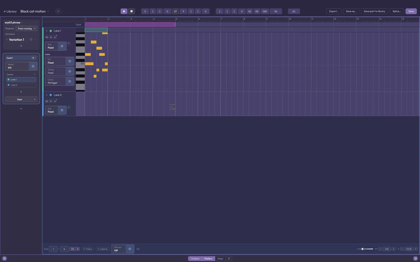 The Pattern editor: a piano roll, the harmony sequence above it, and a note's generative fields in the side column