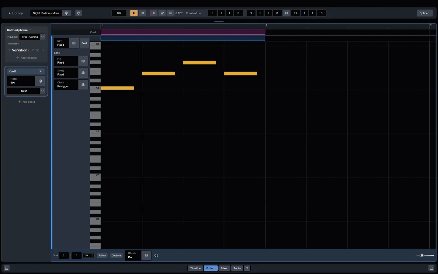The Pattern editor: a piano roll, the harmony sequence above it, and a note's generative fields in the side column