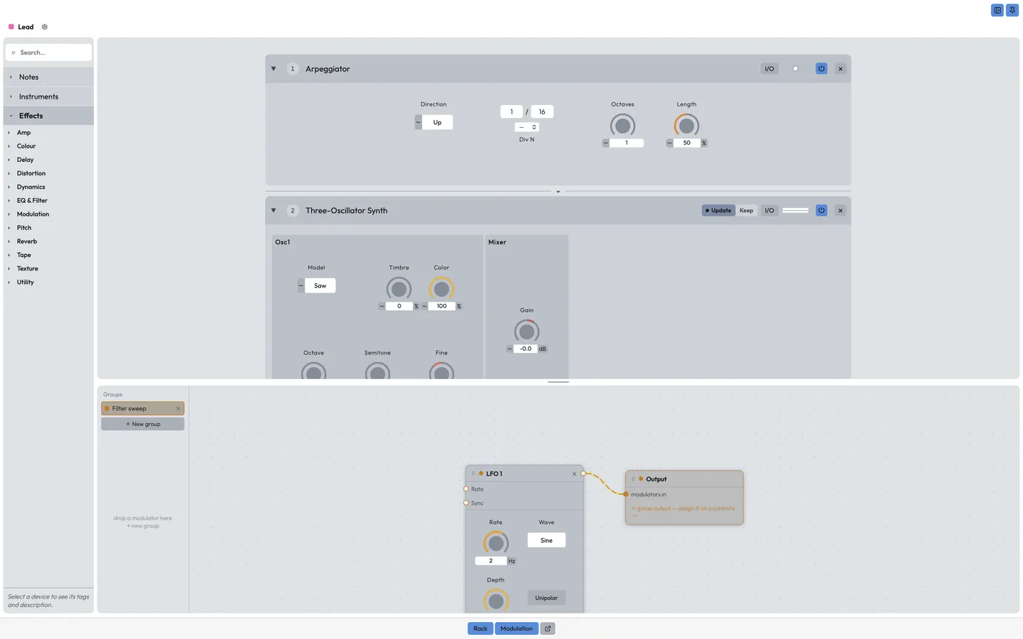 The rack's modulation split: modulators below the chain, assigned to device controls