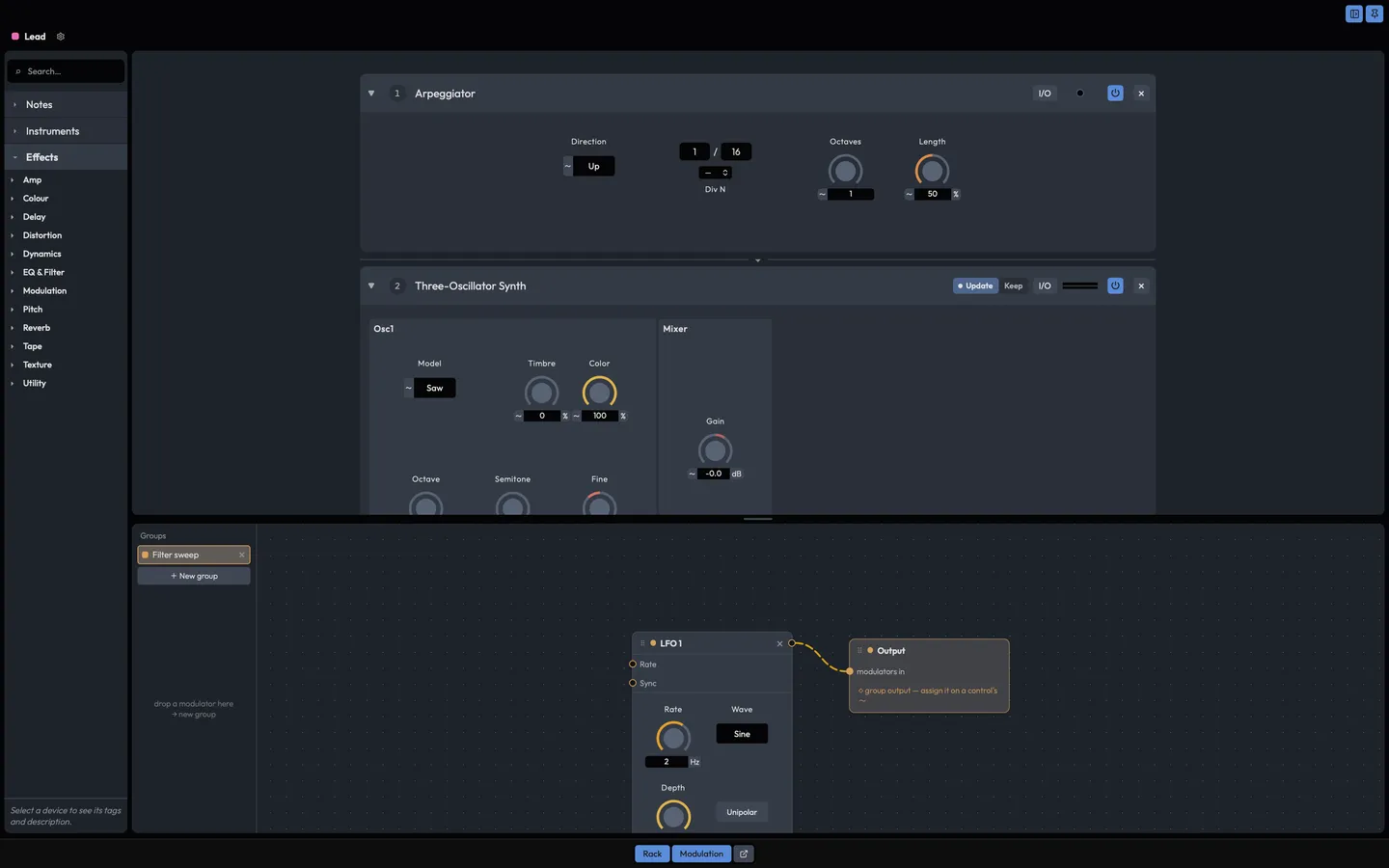 The rack's modulation split: modulators below the chain, assigned to device controls