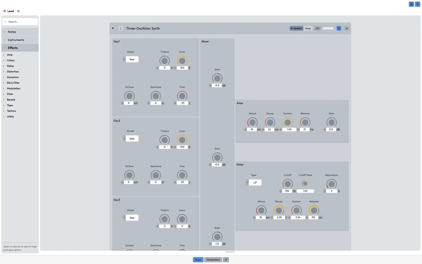 A track's rack in its own window: the device chain with the device browser column beside it