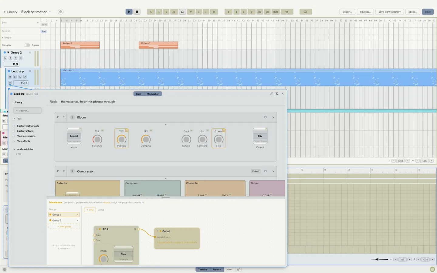 The device rack popover: a chain of device faceplates with the device browser column beside it