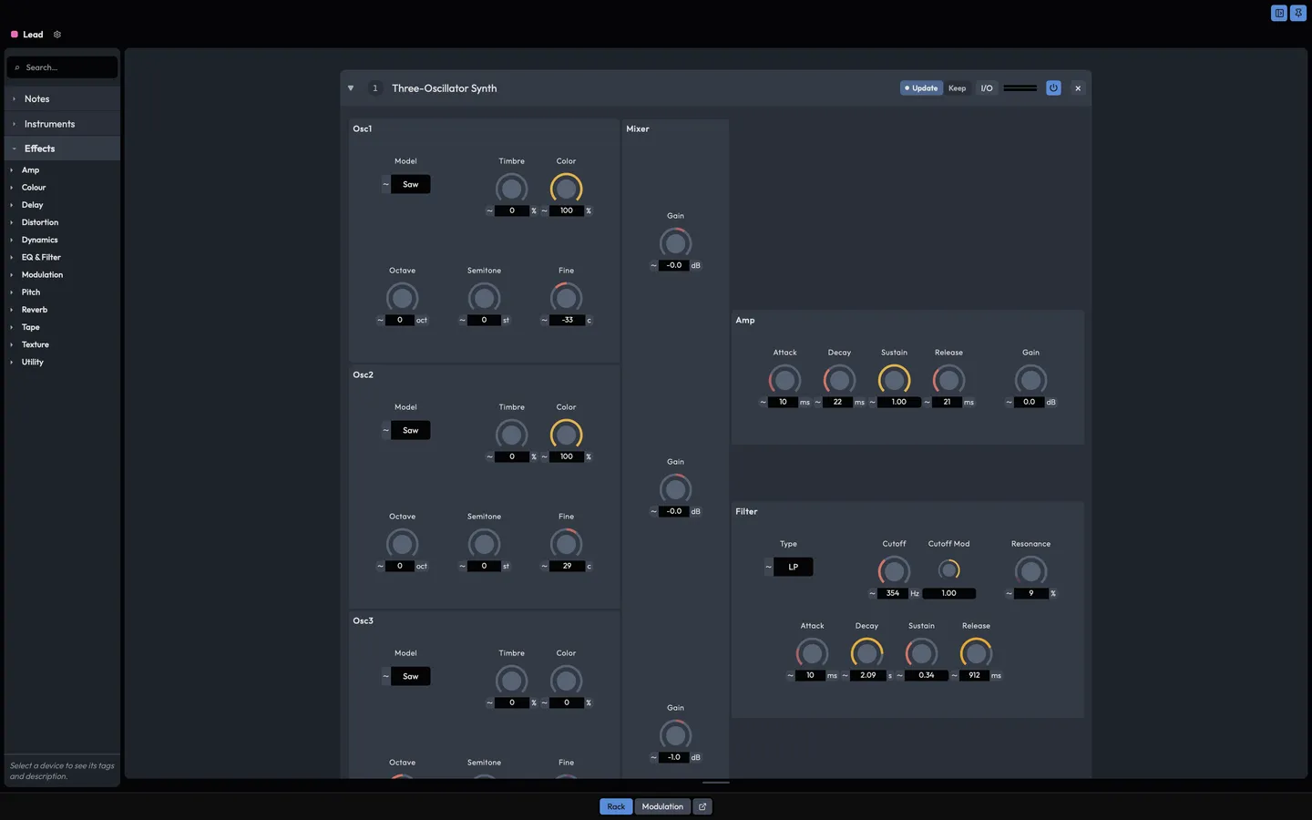 A track's rack in its own window: the device chain with the device browser column beside it